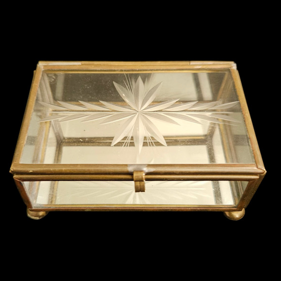 Vintage Glass Trinket Jewelry Box Brass Frame Mirrored Bottom Etched Star Lid - Picture 1 of 7